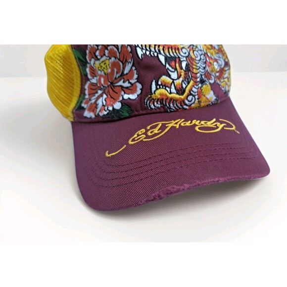 Vintage ED HARDY by Christian Audigier Yellow Red Dragon Graphic Mesh Snapback - Picture 8 of 10